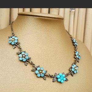 Michal Negrin Necklace Turquoise Aqua Blue Flowers & Swarovski Crystal Gift Box